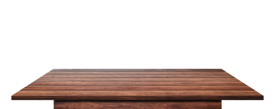 Empty wooden table top isolated on transparent background - PNG format.