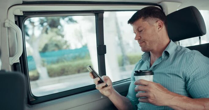 GPS, travel directions and navigation on a phone with a male tourist in a taxi or cab talking to his driver. Passenger, customer or client in the backseat of a car during a rideshare commute