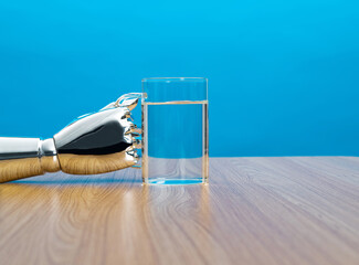Robot hand holding a glass of water