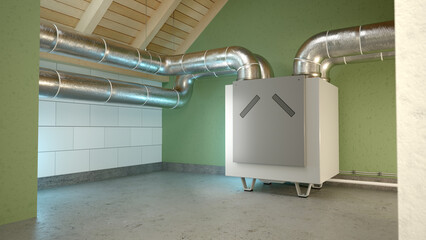 Air recuperator - attic ventilation system. 3D illustration