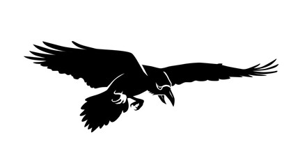 Halloween black element. Flying black raven. Vector on transparent background 