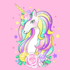 Unicorn with long multi-colored curls and a horn in glitter and flowers on an pink background