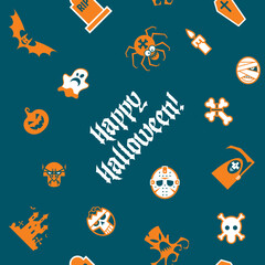 Seamless pattern for Halloween. Pumpkin, ghost, vampire, coffin and more. Isolated. 