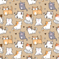 Seamless Pattern with Cartoon Cat Design on Brown Background