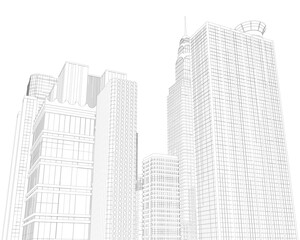 Outline of the city with skyscrapers from black lines isolated on a white background. View of the city with many multi-storey buildings. 3D. Vector illustration.