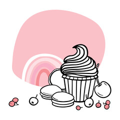 sweet cupcakes cookies cherries and berries cute linear vector food illustration isolated on pink badge background with monochrome rainbow decoration