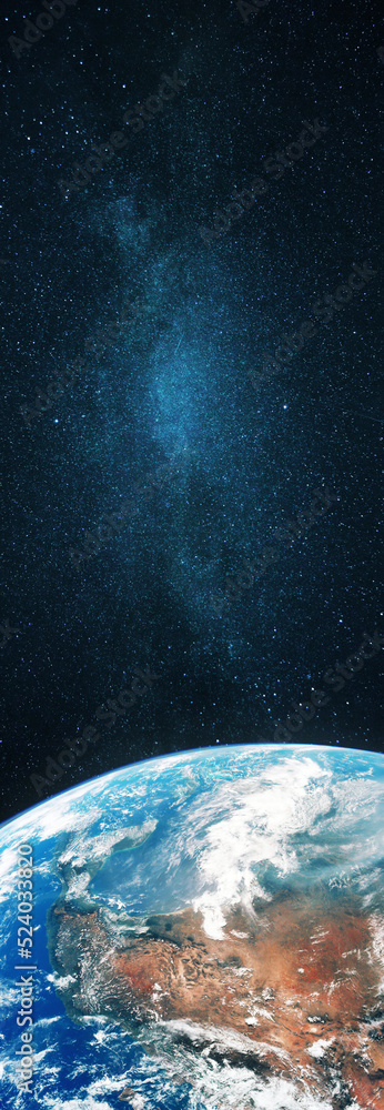 Poster amazing blue planet earth with land and ocean with clouds on a starry background, view from space. l