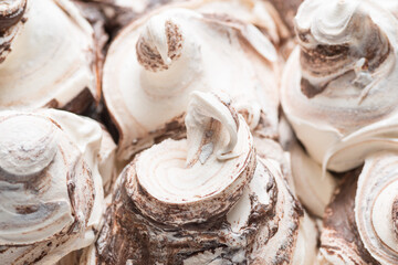 Fototapeta na wymiar Frozen Bianco-nero flavour gelato - full frame detail. Close up of a white surface texture of Ice cream hills with brown chocolate.