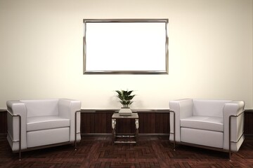 Clean and minimalistic interior with two modern leather armchairs on dark parquet. A light wall with an empty frame hanging on it. Conceptual 3D illustration.
