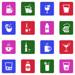 Beverage Icons. White Flat Design In Square. Vector Illustration.