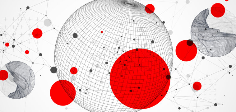 Sphere  theme with connected lines in technology style background. Wireframe illustration. Abstract 3d grid design.