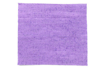 Piece of violet burlap fabric on white background, top view