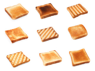 Set with slices of tasty toasted bread on white background