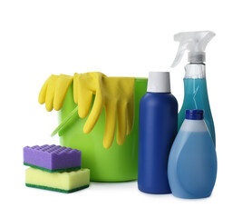 Set of different cleaning supplies on white background