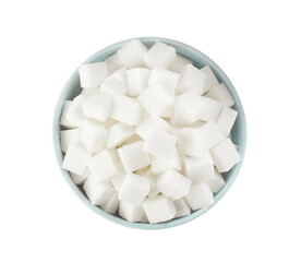 Fototapeta na wymiar Bowl of sugar cubes isolated on white, top view