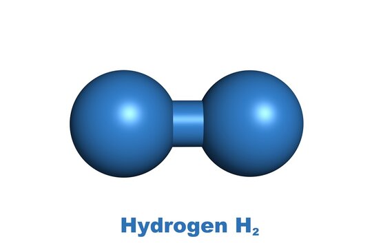 Hydrogen molecule blue H2 eco green energy fuel chemical gas structure on white background 3D