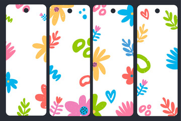 Set of four bookmarks decorated with colorful flowers and shapes