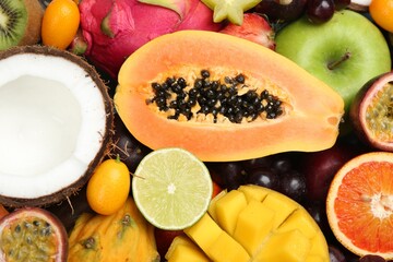 Many different delicious exotic fruits as background, closeup