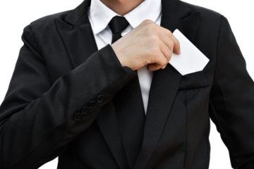 Businessman hand holding white business card isolated on transparent background - PNG format.