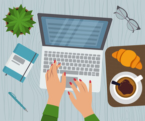 Obraz na płótnie Canvas Top View Of Desk. Woman Working With Laptop, Coffee And Croissant Vector Illustration In Flat Style