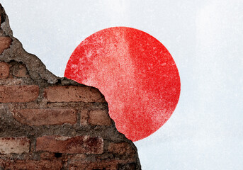 Japanese flag on broken brick wall