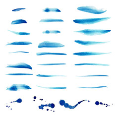 Vector set of watercolor strokes of different sizes and forms. Handdrawn blue stains. Vector design.  