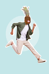 Vertical collage image of overjoyed guy jumping running pineapple instead head isolated on painted...