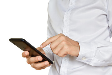 Close-up image of businessman hand holding mobile phone isolated on transparent background - PNG format.