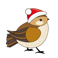 Cute Christmas bird in red Christmas hat, coloring style isolated on white background, vector sign.