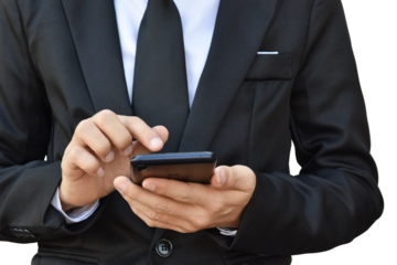 Close-up image of businessman hand holding mobile phone isolated on transparent background - PNG format.