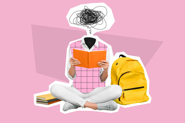Collage photo creative artwork sketch of weird person tired schoolgirl sit floor read book decide consider isolated on painting background
