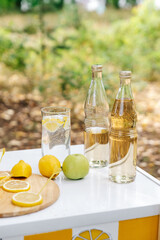 An empty lemonade stand ready for children to start selling lemonade on a hot summer day as their first business endeavor