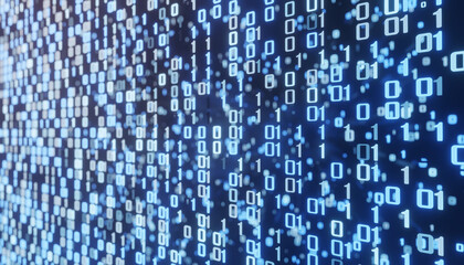 Concept Technology background of binary code. background code depth of field. Data Digital Binary code blue background with lens flares. 3d illustration