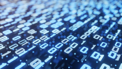Concept Technology background of binary code. background code depth of field. Data Digital Binary code blue background with lens flares. 3d illustration