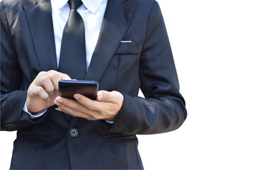 Close-up image of businessman hand holding mobile phone isolated on transparent background - PNG format.