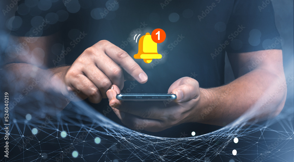 Poster man holding cellphone and touching with virtual bell for e-mail with notification alert, contact us 