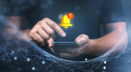 Man holding cellphone and touching with virtual bell for E-mail with notification alert, Contact us or Customer support hotline people, connection and communication - obrazy, fototapety, plakaty
