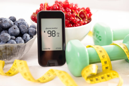Glucometer with sugar level, diabetes concept