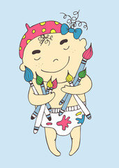  Digital children jpg illustration of funny 
little girl in a diaper with brushes for paints. 
blue background. Vertical 
template design for textile print, poster