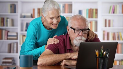 Smiling enior elderly couple sitting at home making video call using laptop computer together having fun smiling.