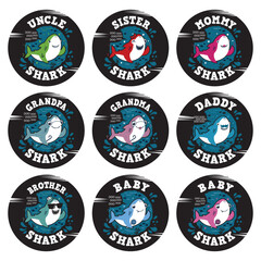Shark animal vector card set in a flat and doodle style with funny lettering text quote - Baby, mommy, daddy and family shark doo doo doo poster collection. Perfect for clothes, mug and gift prints.