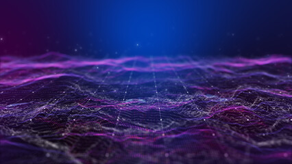 Futuristic flight through a digital line landscape, purple dust particle ,abstract background. 3D Rendering.