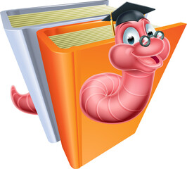 Education bookworm concept of a book worm wearing a mortar board graduation hat and spectacles coming out of some books