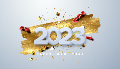Happy New 2023 Year. Vector holiday illustration of paper cut numbers with sparkling confetti particles, golden stars and streamers.