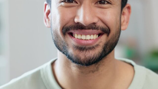 White teeth, big smile and healthy mouth and face of a man looking happy. Closeup, clean and attractive adult patient satisfied with dental medical treatment, dentist health advert over copy space.