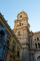 Fototapeta na wymiar Vista parcial de la torre de la Catedral de Málaga, España
