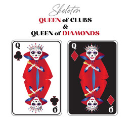 Two graphic Queen Poker skeleton cards isolated on white background with text above, queen of Clubs, and queen of diamonds.  Colors, red, blue, black.
