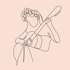 Continuous line art woman playing guitar. Line drawing minimalist music player Vector