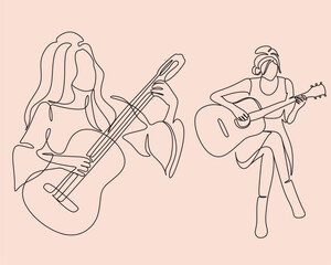 Continuous line drawing set of  woman playing guitar. Music wall art vector female 