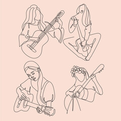 Continuous line drawing set of  woman playing guitar. Music wall art vector female 